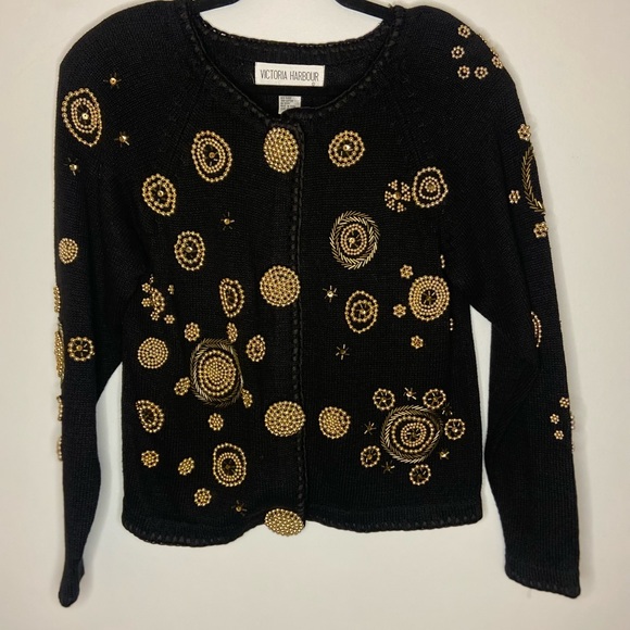 💜Vintage Victoria Harbour Black Beaded Embroidered Button front Cardigan Size M - Picture 1 of 6